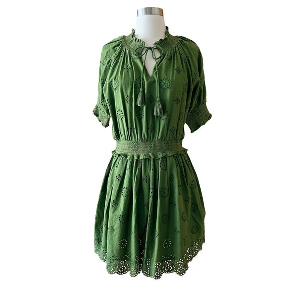 ROLLER RABBIT Fiorella Dress Astra Eyelet Green Cotton Short Sleeves Small NEW - Picture 2 of 12